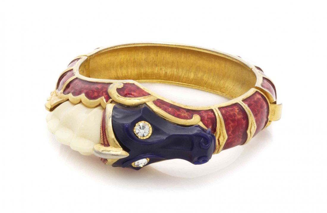 A Hattie Carnegie Seahorse Bracelet,: A Hattie Carnegie Seahorse Bracelet, navy and white enamel. Stamped: Hattie Carnegie.
