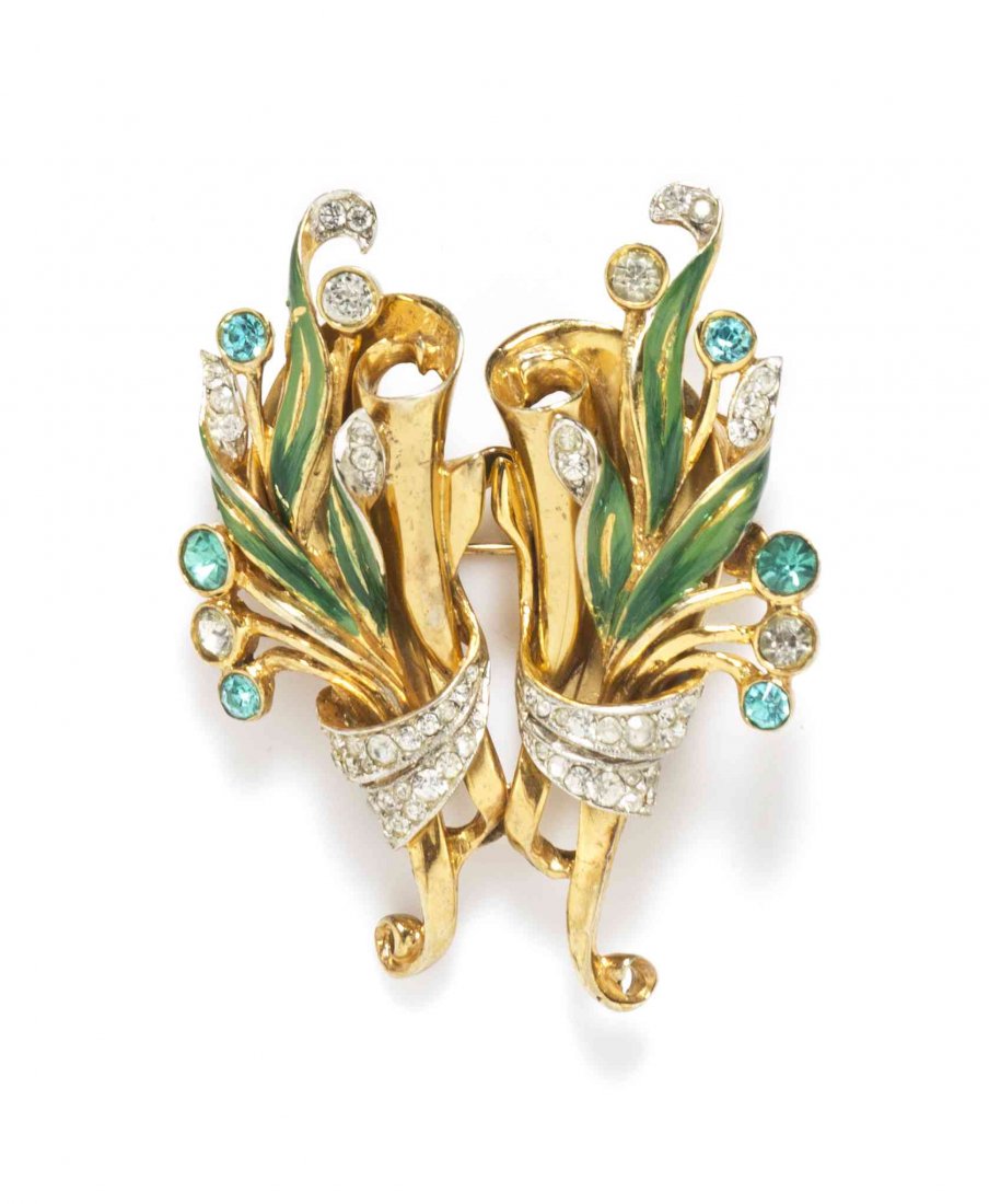 A Pair of Coro Green and Goldtone Floral Clips,: A Pair of Coro Green and Goldtone Floral Clips, Stamped: Coro.