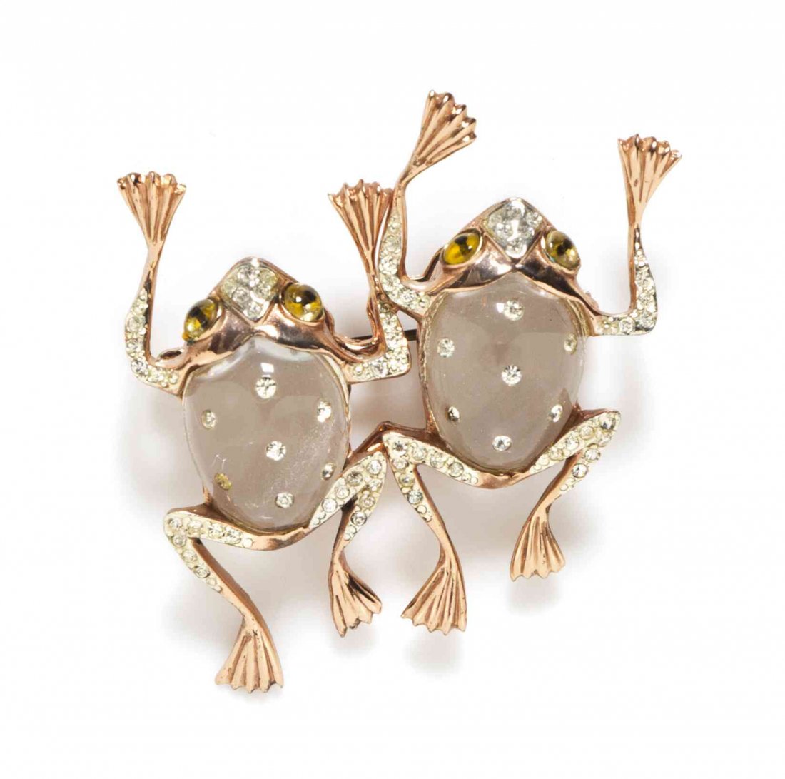A Coro Sterling Rhinestone Lucite Jelly Belly Frog: A Coro Sterling Rhinestone Lucite Jelly Belly Frog Duette Brooch, circa 1940, Stamped: Coro Duette / Pat. No. 1798867 / Sterling