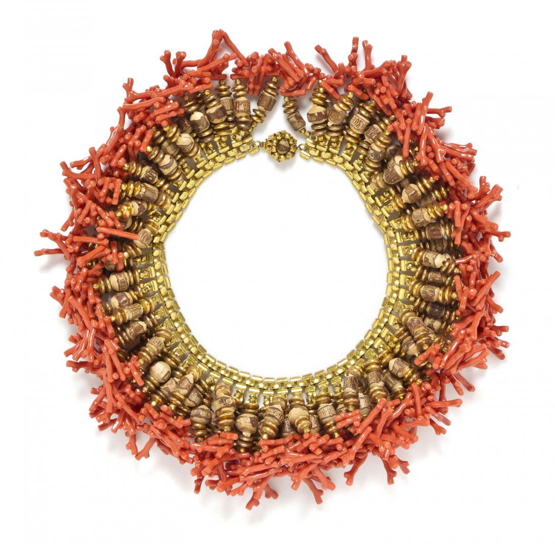 A Miriam Haskell Coral and Cork Fringe Bib Necklace,: A Miriam Haskell Coral and Cork Fringe Bib Necklace, circa 1940, Stamped: Miriam Haskell.