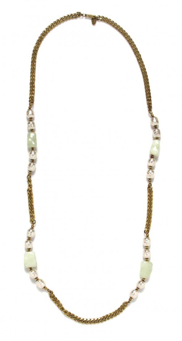 A Miriam Haskell Faux Pearl and Jade Sautoir,: A Miriam Haskell Faux Pearl and Jade Sautoir, goldtone curb link chain with Baroque pearls and irregular shaped jade beads. Stamped: Miriam Haskell.