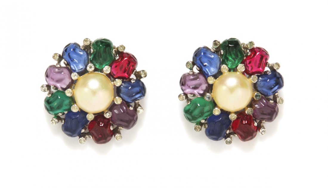 A Pair of Jomaz Faux Pearl Earclips,: A Pair of Jomaz Faux Pearl Earclips, Multicolor cabochons surrounding a faux pearl. Stamped: Jomaz.