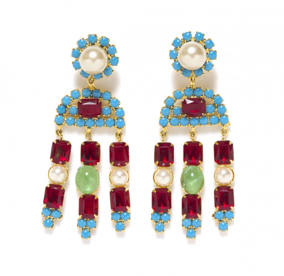 A Pair of Kenneth Jay Lane Multi Gemstone Chandelier: A Pair of Kenneth Jay Lane Multi Gemstone Chandelier Earclips, faux pearl clips with alternating ruby, pearl and green cabochon dangle drops framed by turquoise beads in a goldtone setting. Stamped: K