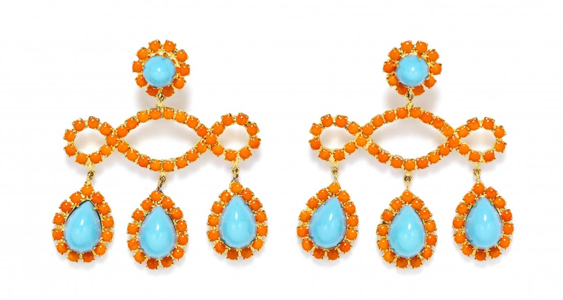 A Pair of Kenneth Jay Lane Turquoise Cabochon Earclips,: A Pair of Kenneth Jay Lane Turquoise Cabochon Earclips, four turquoise cabochon drops suspended from an orange paste chandelier frame. Stamped: K.J.L.
