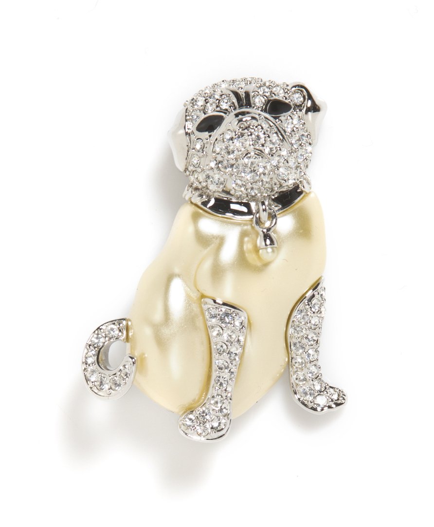 A Kenneth Jay Lane Treasures of the Duchess Davy: A Kenneth Jay Lane Treasures of the Duchess Davy Crockett Pug Brooch, carved faux pearl body with black enamel eyes and choker and Swarovski crystals. Stamped: KJL.
