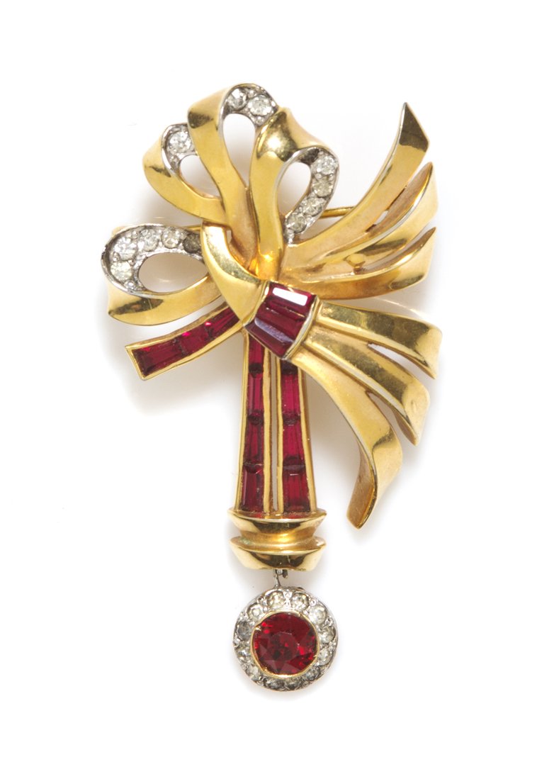 A Mazer Ruby and Goldtone Brooch,: A Mazer Ruby and Goldtone Brooch, Stamped: Mazer.