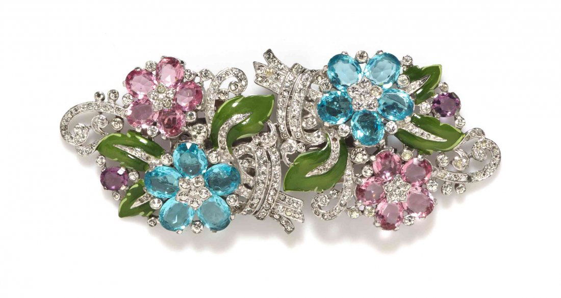 A Trifari Pastel Floral Bouquet Clip-Mates Brooch,: A Trifari Pastel Floral Bouquet Clip-Mates Brooch, circa 1939, a pair of pave green enamel and pastel floral bouquet dress clips. Stamped: Trifari (crown) / Pat. No. 2050804.