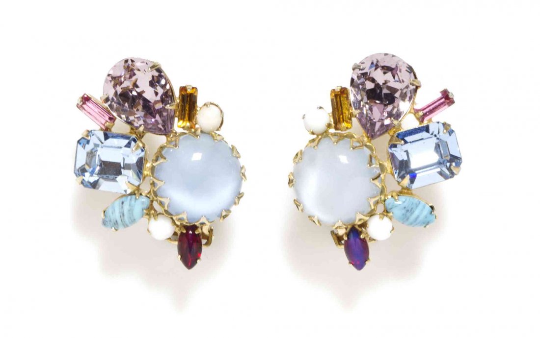 A Pair of Weiss Moonstone and Multicolor Rhinestone: A Pair of Weiss Moonstone and Multicolor Rhinestone Earclips. Stamped: Weiss.