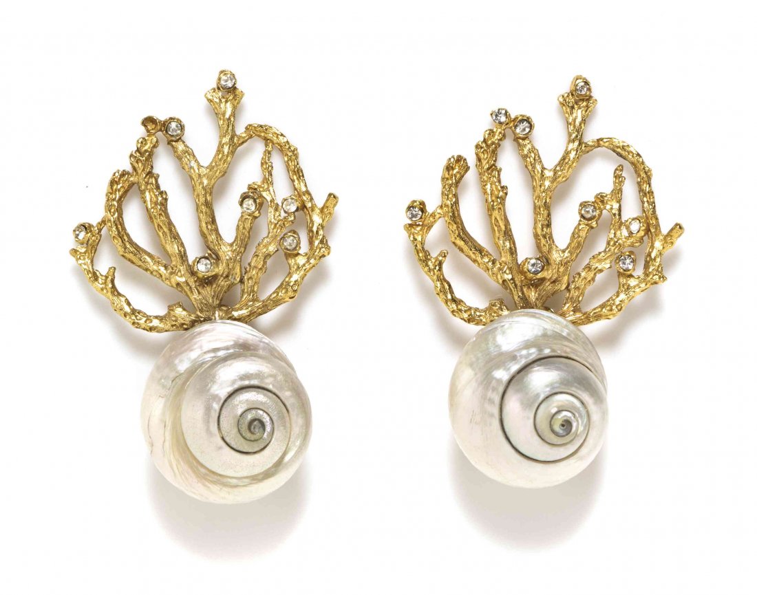A Pair of Yves Saint Laurent Goldtone Faux Pearl: A Pair of Yves Saint Laurent Goldtone Faux Pearl Earclips, snail shaped earclips with goldtone coral branches and rhinestone accents. Stamped: YSL. Property from the Collection of Carole Tanenbaum