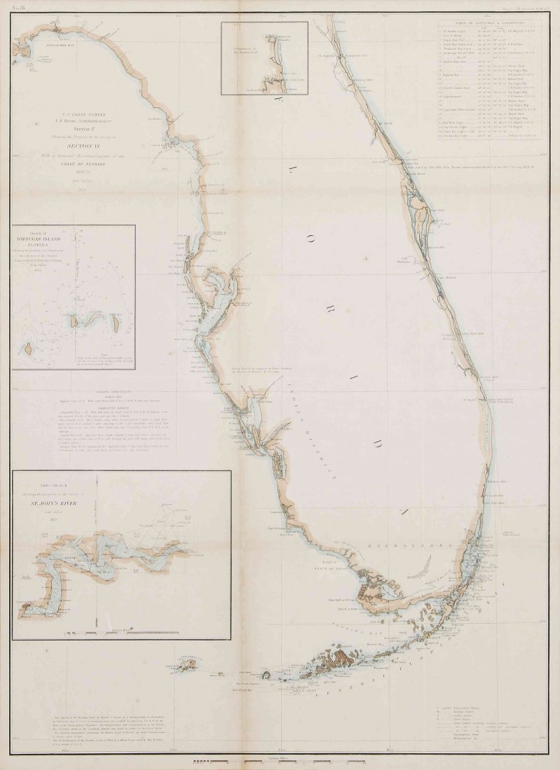 A Framed 19th Century Map of Florida, Height of print: A Framed 19th Century Map of Florida, circa 1855, lithography printing by Bowne & Hasbrouck, New York, titled "U.S. Coast Survey...Sketch F... with a General Reconaissance of the Coast of Florida 1848