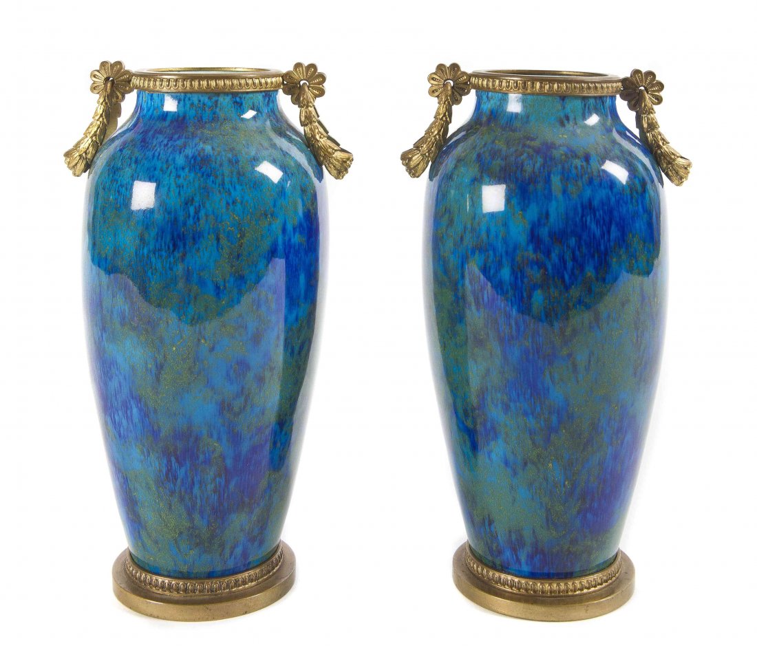 A Pair of Sevres Gilt Metal Mounted Vases, Paul Millet,: A Pair of Sevres Gilt Metal Mounted Vases, Paul Millet, of baluster form, having blue and green glazed decoration, raised on a circular foot, marked MP Sevres. Height 7 1/4 inches.