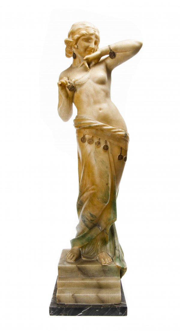 An Italian Alabaster Figure of a Dancing Girl, A. Giorg: An Italian Alabaster Figure of a Dancing Girl, A. Giorgi, the semi nude gypsy girl with green skirt. Height 26 1/8 inches. Property from the Collection of Jane Parks Kutza, Bonita Springs, Florida
