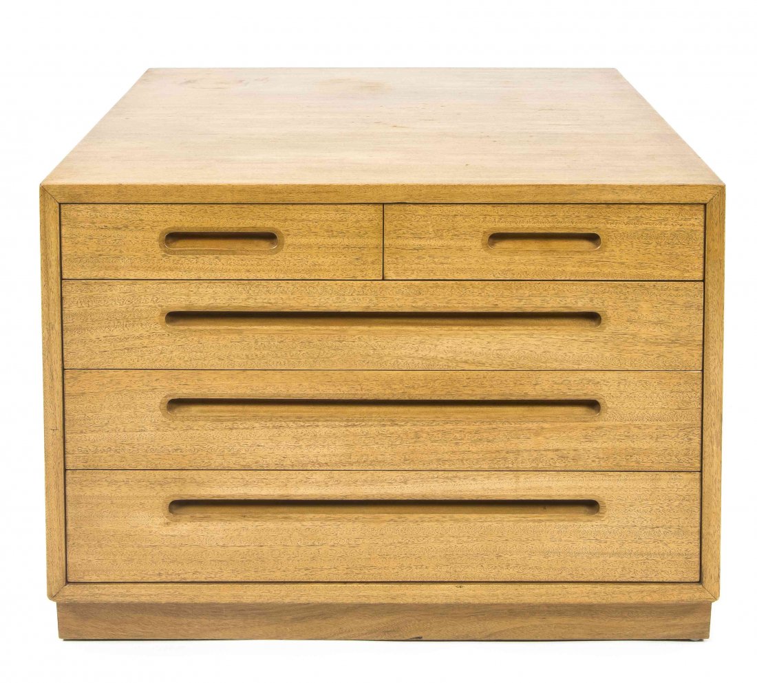 A Mid-century Modern Chest of Drawers, Edward Wormley: A Mid-century Modern Chest of Drawers, Edward Wormley for Dunbar, bleached mahogany, composed of two short and three long drawers with long horizontal pulls. Height 21 5/8 x width 30 x depth 30 inches
