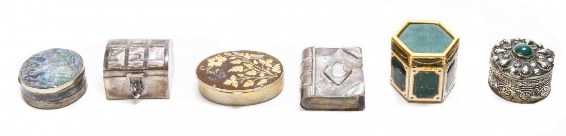 A Collection of Six Silver and Metal Boxes, Length of: A Collection of Six Silver and Metal Boxes, comprising three abalone mounted examples, 2 stone mounted examples and a mixed metal example. Length of longest 1 3/4 inches.