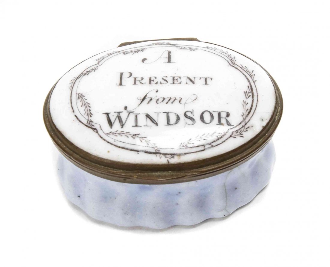 An English Enamel Souvenir Pill Box, Length 1 3/4: An English Enamel Souvenir Pill Box, late 18th/early 19th century, "A Present from Windsor". Length 1 3/4 inches.