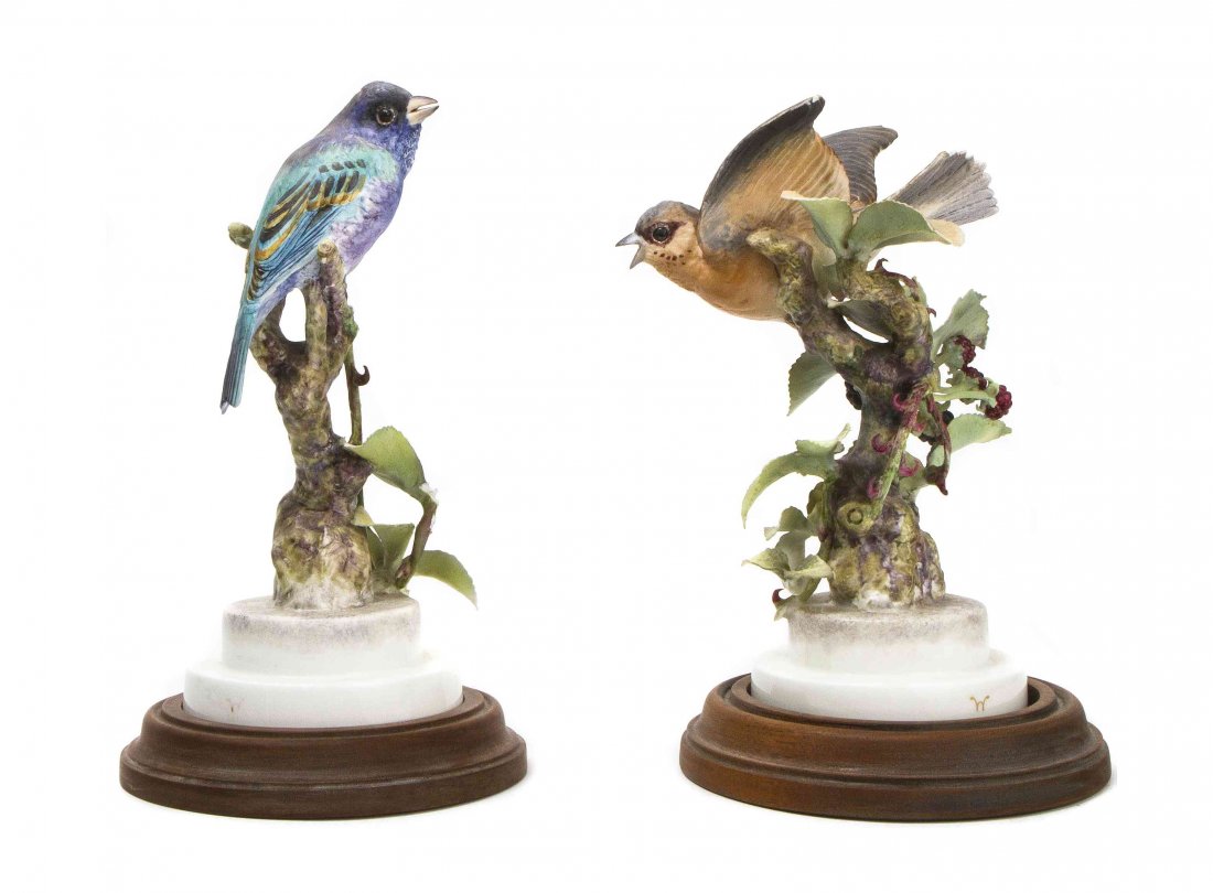 A Pair of Royal Worcester Dorothy Doughty Birds, Indigo: A Pair of Royal Worcester Dorothy Doughty Birds, Indigo Buntings, perched on blackberry sprigs. Height 9 1/8 inches. Property from the Estate of Barbara Archer Thomas, Naples, Florida