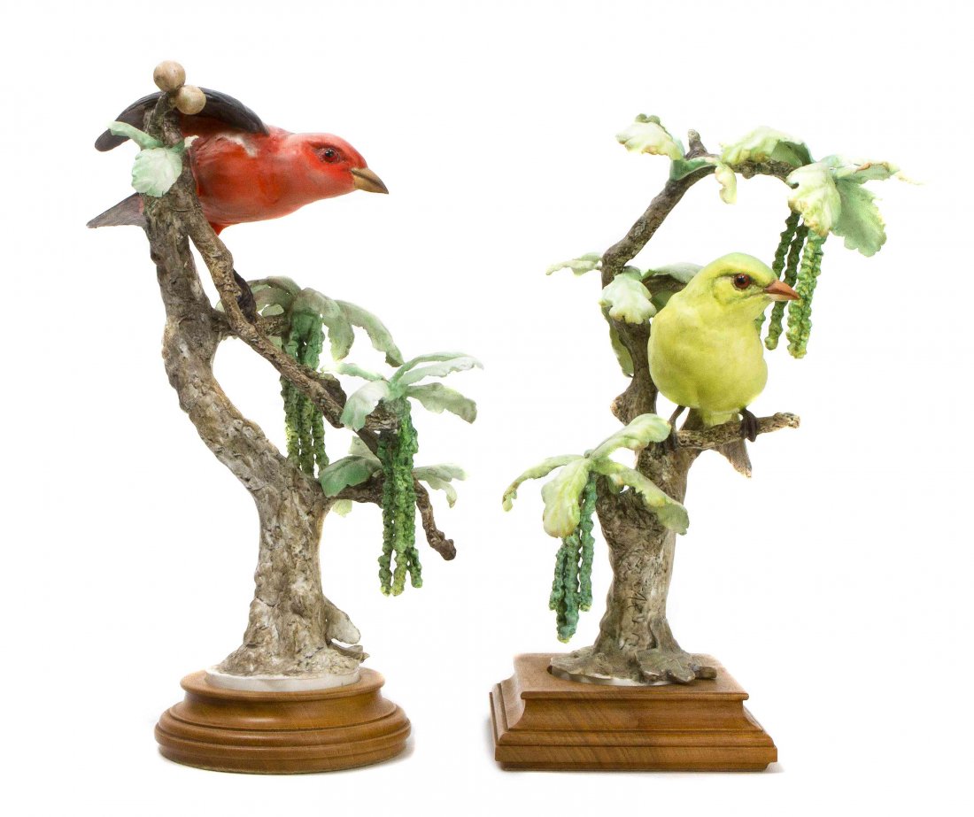 A Pair of Royal Worcester Dorothy Doughty Birds,: A Pair of Royal Worcester Dorothy Doughty Birds, Scarlet Tanagers, perched on white oak branches. Height 11 inches. Property from the Estate of Barbara Archer Thomas, Naples, Florida