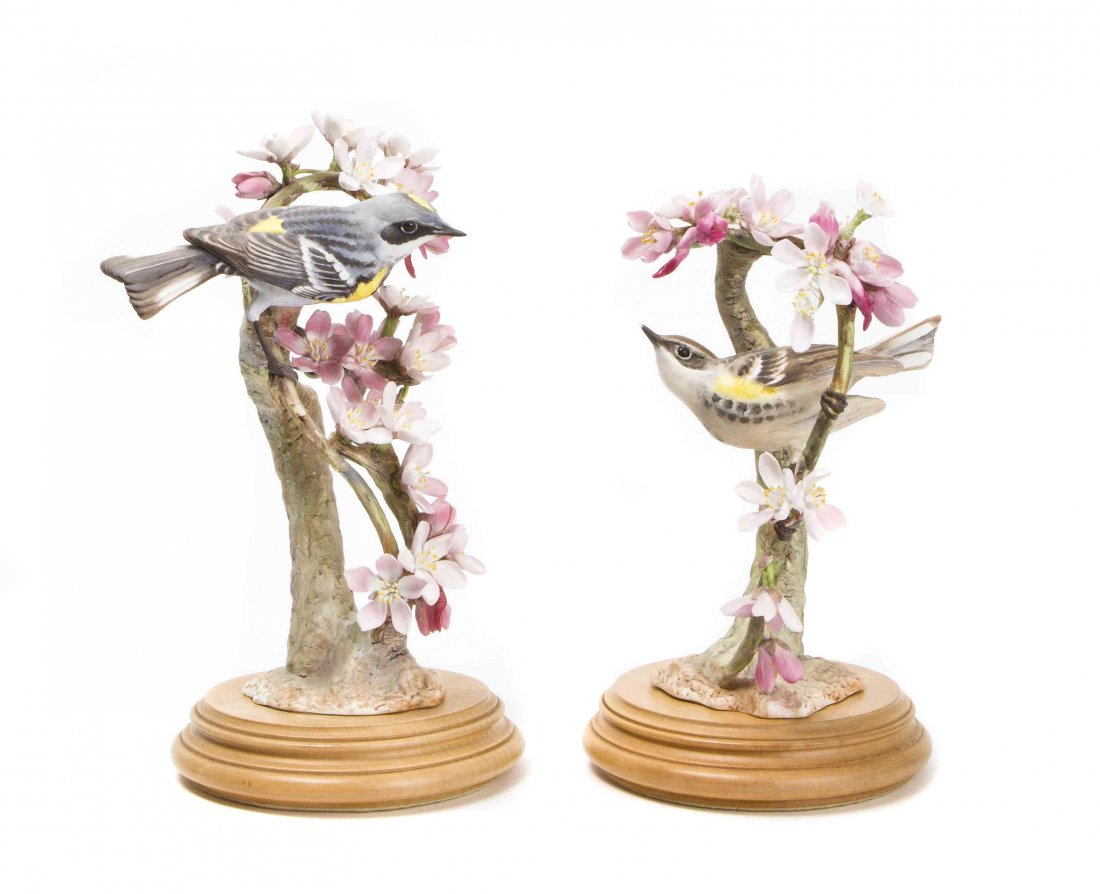 A Pair of Royal Worcester Dorothy Doughty Birds, Myrtle: A Pair of Royal Worcester Dorothy Doughty Birds, Myrtle Warblers, perched on a magnolia branch. Height 10 1/2 inches. Property from the Estate of Barbara Archer Thomas, Naples, Florida
