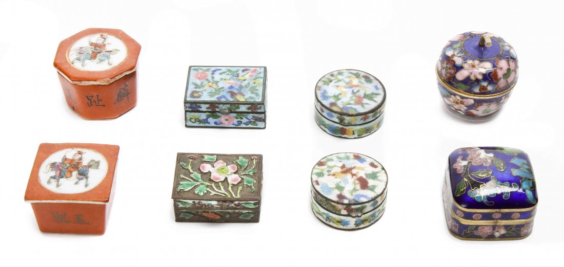 A Collection of Six Chinese Enameled Boxes, Length of: A Collection of Six Chinese Enameled Boxes, comprising cloisonne and champleve examples, together with two polychrome enamel porcelain examples. Length of longest 1 3/8 inches.