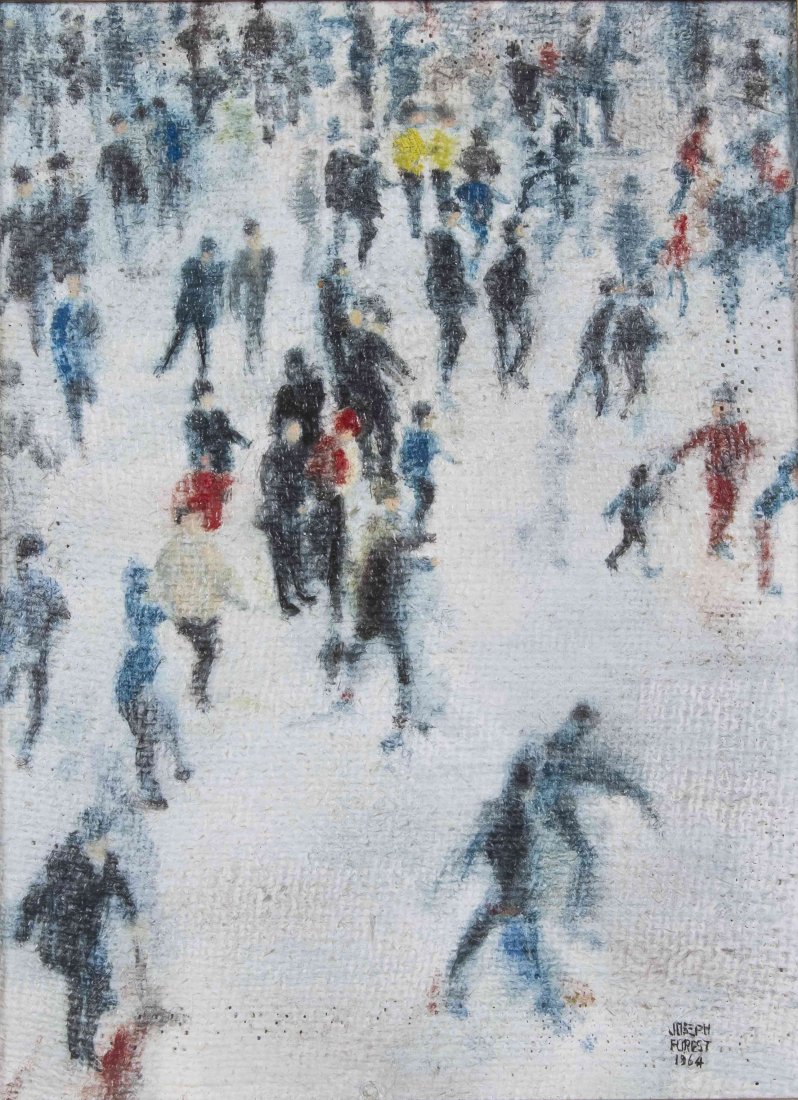 Joseph Furest, (American, 20th century), Ice Skaters,: Joseph Furest (American, 20th century) Ice Skaters, 1964 oil on burlap signed Joseph Furest and dated (lower right) 16 x 12 1/4 inches. Property from the Collection of a Lady, Naples,