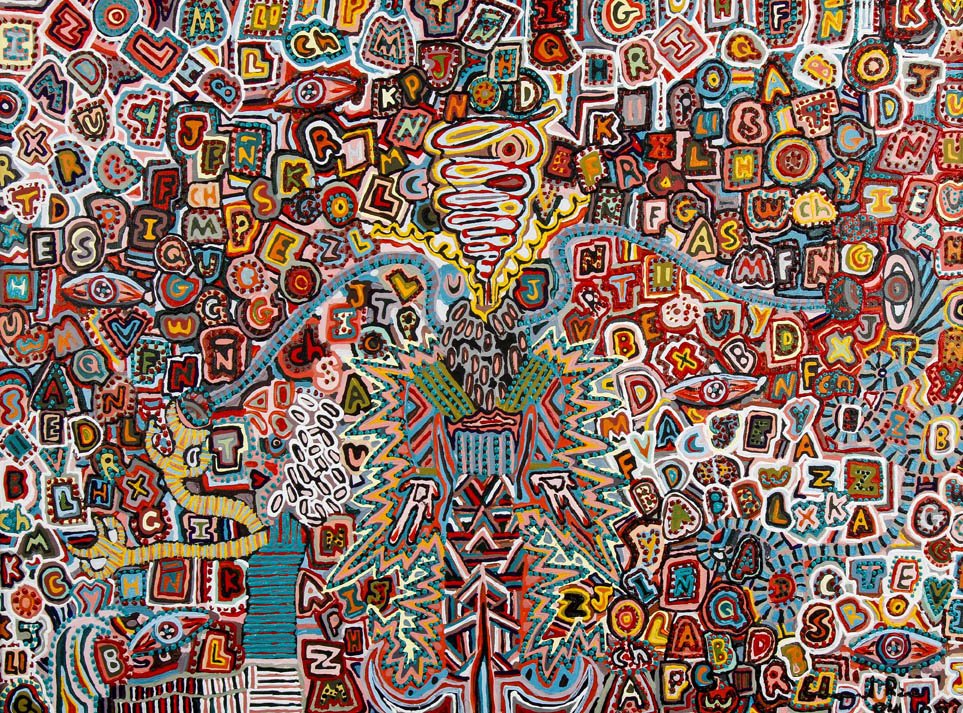 Puerto Rican School, (20/21st Century), Abstract Figure: Puerto Rican School (20/21st Century) Abstract Figure Amidst Letters of the Alphabet, 2004 oil on canvas signed illegibly and dated (lower right) 17 3/4 x 23 3/4 inches.