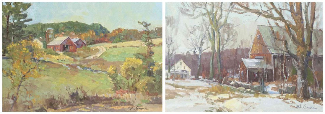 Michael Graves, (American, b. 1952), New England Scene: Michael Graves (American, b. 1952) New England Scene and Winter (two works) oil on canvas each signed Mike Graves (lower right) Largest: 9 1/2 x 13 1/2 inches. Property