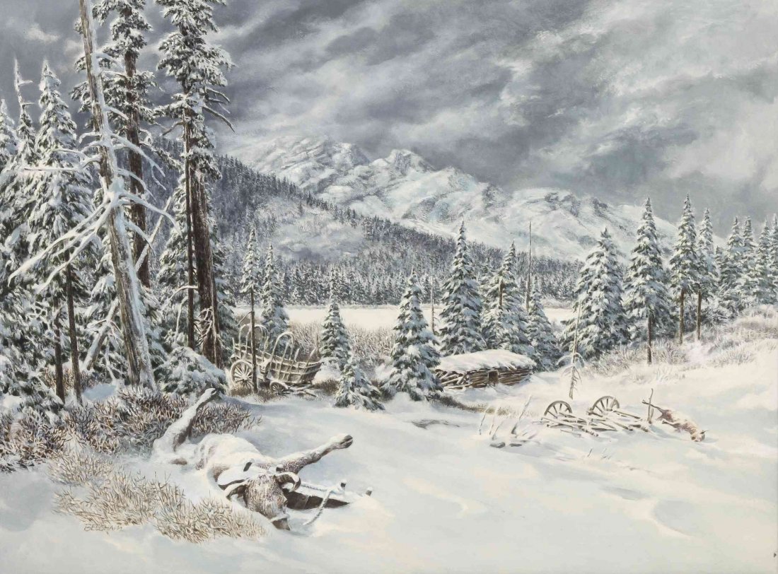 Tom Beecham, (American, 20th century), Winter on the: Tom Beecham (American, 20th century) Winter on the Ranch oil on board signed Beecham (lower left) 17 1/2 x 23 1/2 inches.
