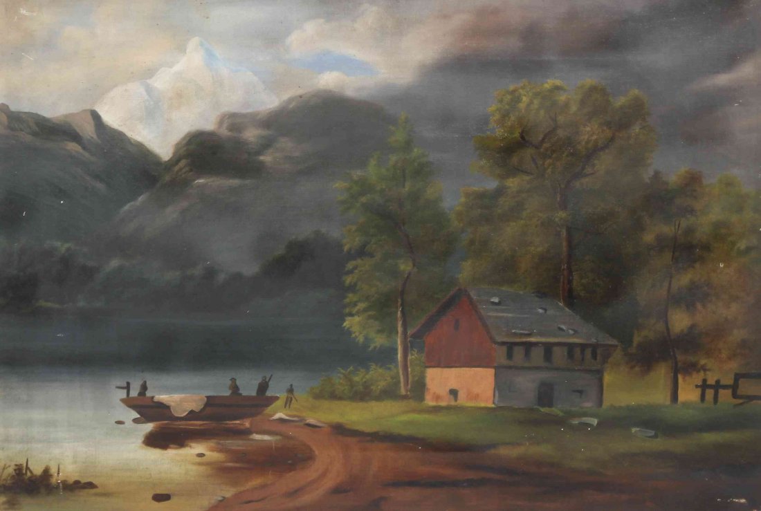 Artist Unknown, (19th/20th century), Cabin by a: Artist Unknown (19th/20th century) Cabin by a Mountain Lake oil on canvas 20 x 26 inches. Property from the Collection of Joan Little, Centennial, Colorado