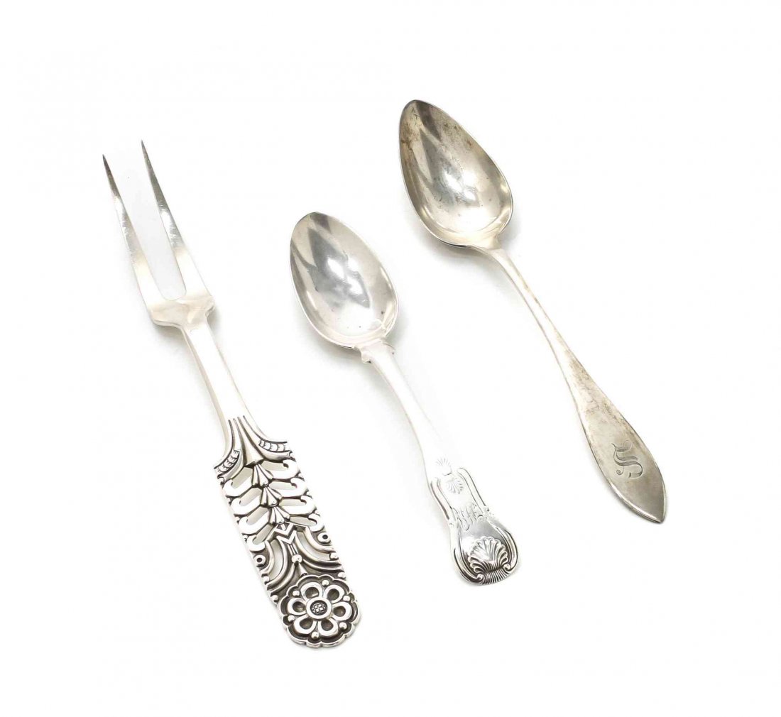 Three Silver Flatware Articles, Length of largest 8 3/4: Three Silver Flatware Articles, comprising a George IV teaspoon, Alexander Henderson, Edinburgh, 1820, a Norwegian cold meat fork, David Anderson, Olso, Circa 1950, and an American silver dessert spoo