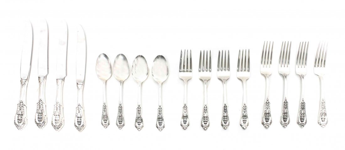 An American Silver Flatware Service, Wallace: An American Silver Flatware Service, Wallace Silversmiths, Wallingford, CT, Circa 1935, Rose Point pattern, comprising 3 dinner knives 4 dinner forks 1 lunch knife 4 lunch forks 4 tablespoons 16 piece