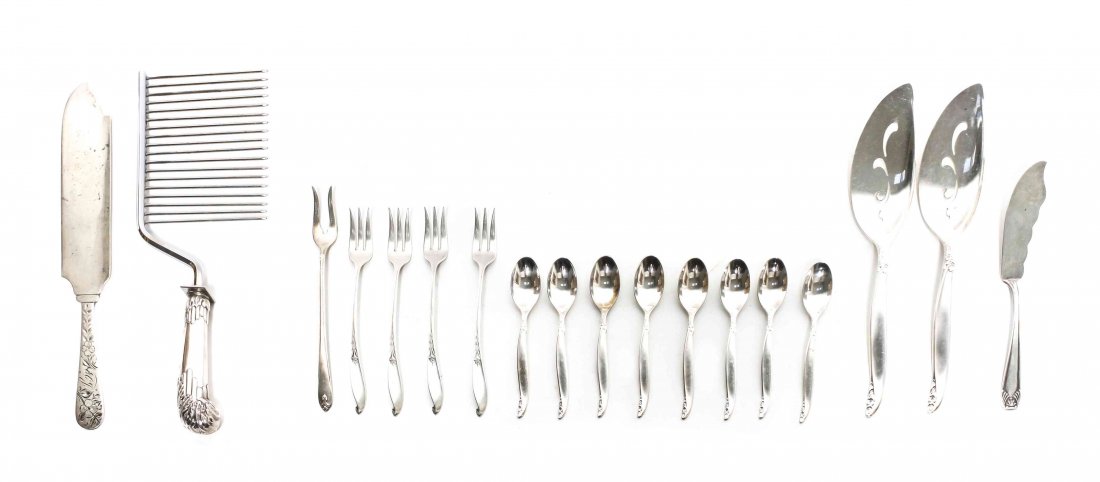 A Group of American Silver Flatware Articles, Length of: A Group of American Silver Flatware Articles, by various makers and patterns, comprising 8 teaspoons, a master butter, an ice cream hatchet, an angel food cake server, a butter pick, two fish servers 
