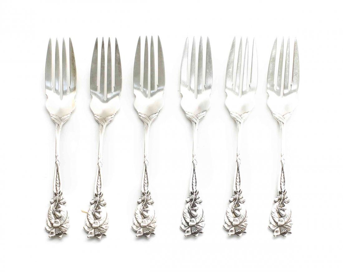 A Set of Six American Silver Dessert Forks, William: A Set of Six American Silver Dessert Forks, William Durgin, Conford, NH, Circa 1900, Orange Blossom pattern; 5 ozt 8 dwt. Property from the Collection of Joan Little, Centennial, Colorado