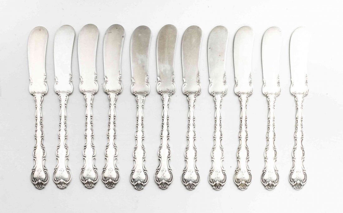 A Set of Eleven American Silver Butter Spreaders,: A Set of Eleven American Silver Butter Spreaders, Gorham Mfg. Co., Providence, RI, Circa 1900, Strausbourg pattern, engraved with initial F; 7 ozt 18 dwt. Property from the Collection of Joan Little,