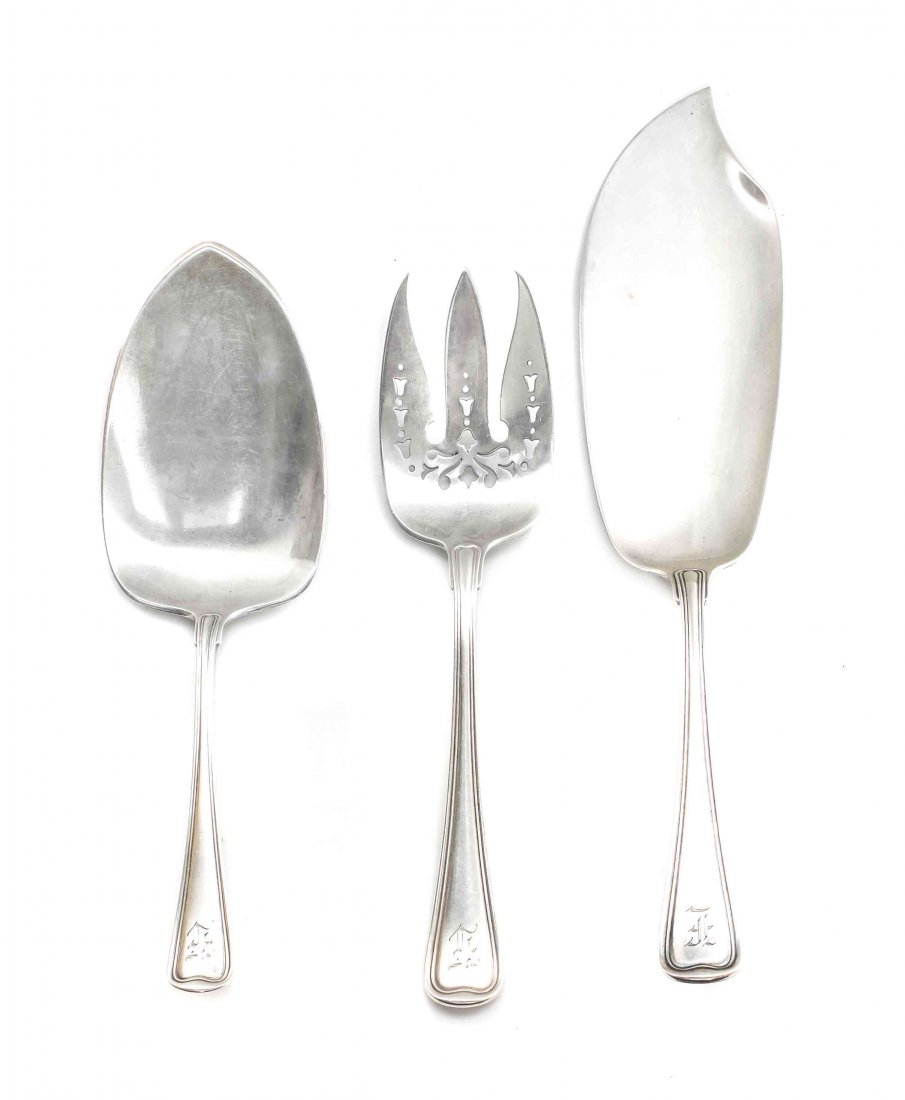 Three American Silver Flatware Servers, Gorham Mfg.: Three American Silver Flatware Servers, Gorham Mfg. Co., Providence, RI, Circa 1905, Old French pattern, comprising a pastry server, a fish server and a fish serving fork; 11 ozt 2 dwt. Length of long