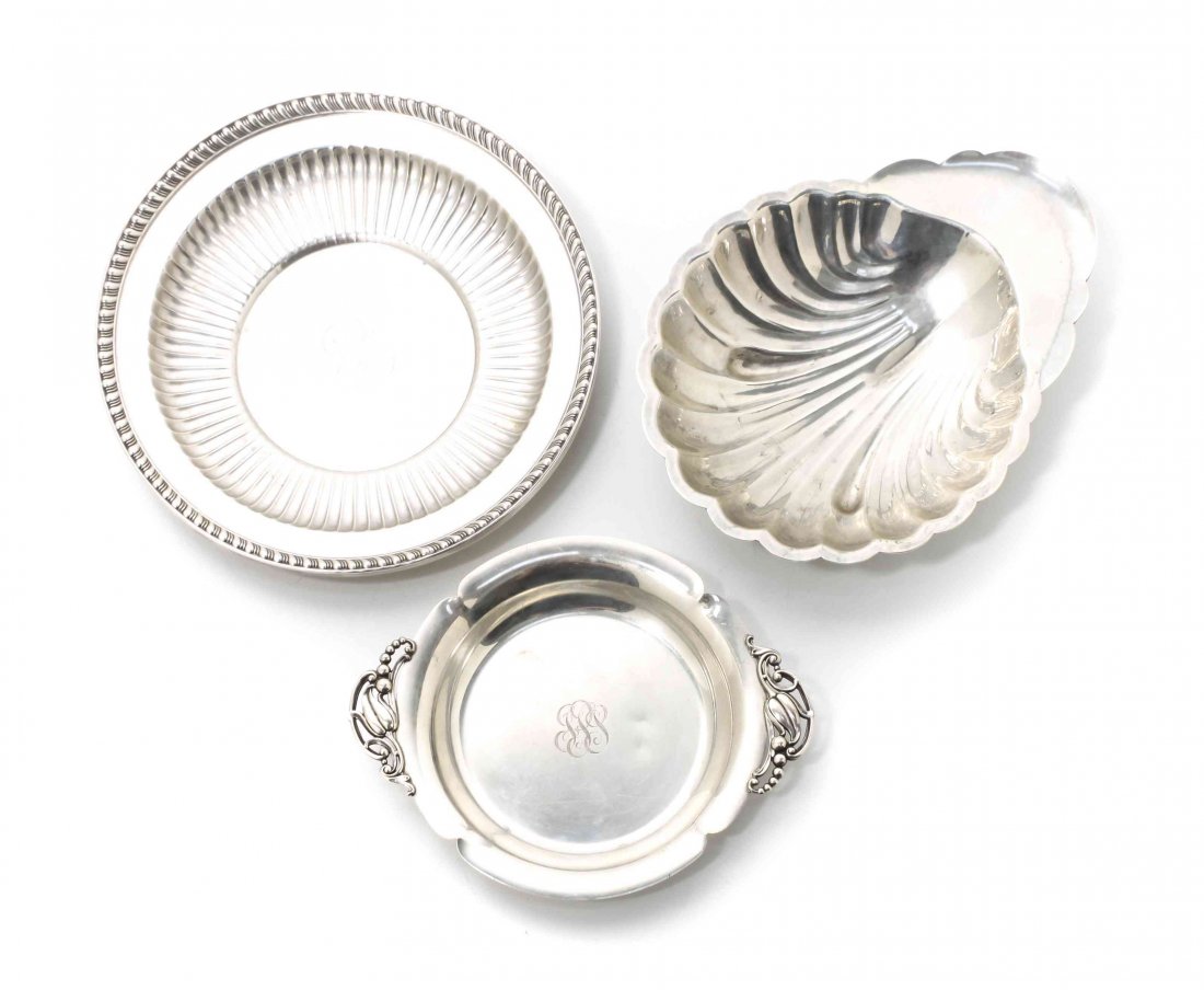 Three American Silver Table Articles, 1st Half 20th: Three American Silver Table Articles, 1st Half 20th Century, comprising a shell form dish, The Randahl Shop, Chicago, IL, a circular dish, partly fluted and with gadrooned rim, Watson Co., Attleboro, 