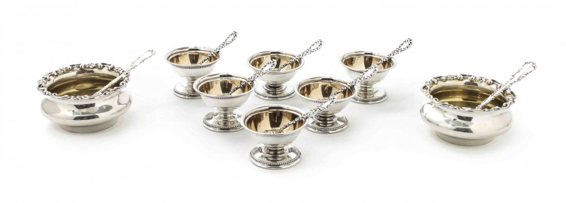 A Group of American Silver Salts, Mid 20th Century,: A Group of American Silver Salts, Mid 20th Century, comprising two with scroll borders, Watson Co., Attleboro, MA, six with beaded borders, unmarked, and eight salt spoons with scroll handles, marke