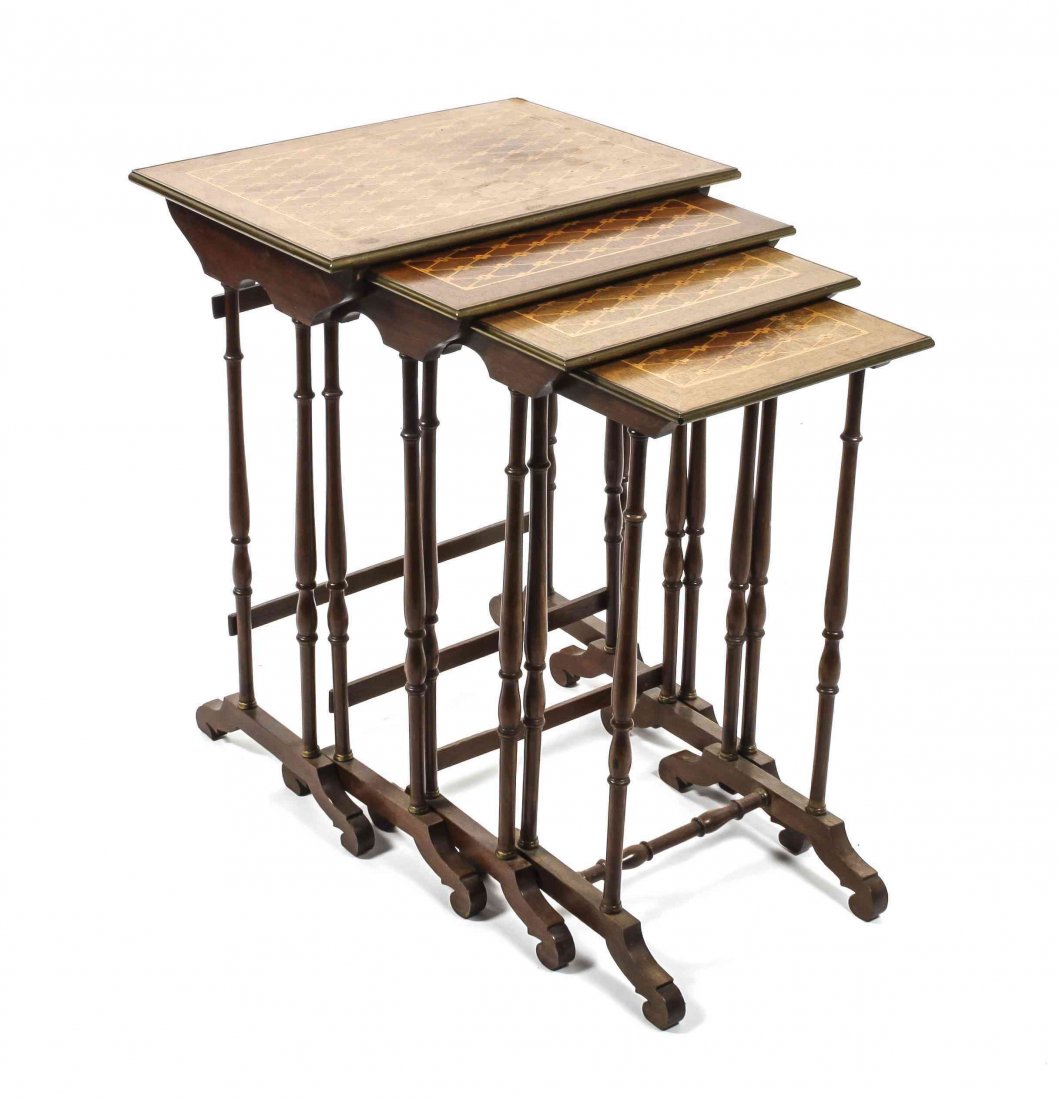 A Set of Marquetry and Parquetry Inlaid Mahogany and: A Set of Marquetry and Parquetry Inlaid Mahogany and Brass Nesting Tables, having lattice form banding to the brass banded rectangular tops raised on four turned legs on stretcher feet. Height 28 1/8 