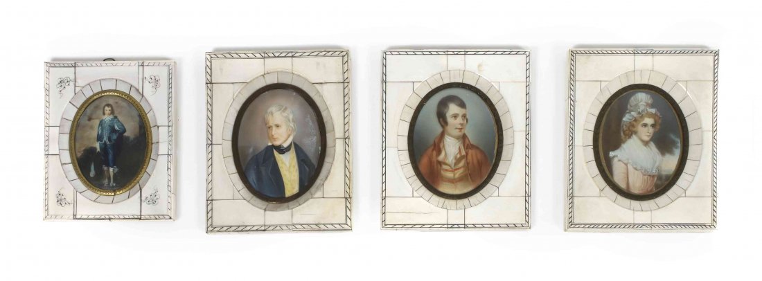 A Set of Four Painted Portrait Miniatures in Ivory: A Set of Four Painted Portrait Miniatures in Ivory Veneered Frames, depicting Sir Walter Scott on an ivory panel, "Blue Boy," Robert Burns and a lady. Height of largest 5 1/2 x width 4 1/2 inches. Pro