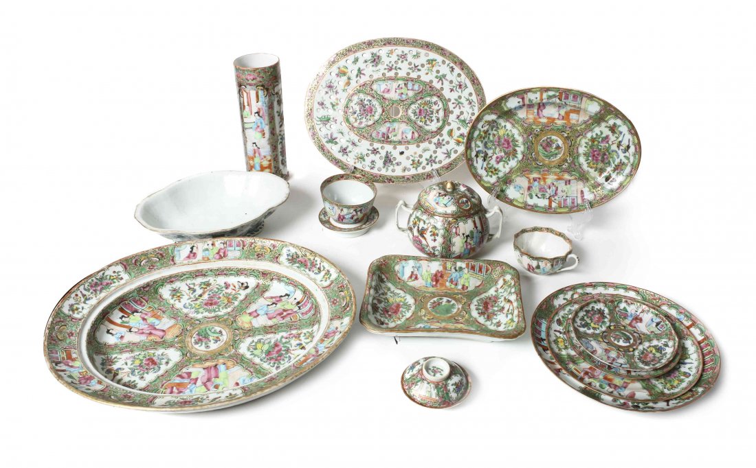 A Collection of Chinese Export Rose Medallion: A Collection of Chinese Export Rose Medallion Tableware, 19th Century and later, comprising a warming platter, an oval platter, 10 plates, a twin-handled covered jar, a cylindrical vase, two side plat