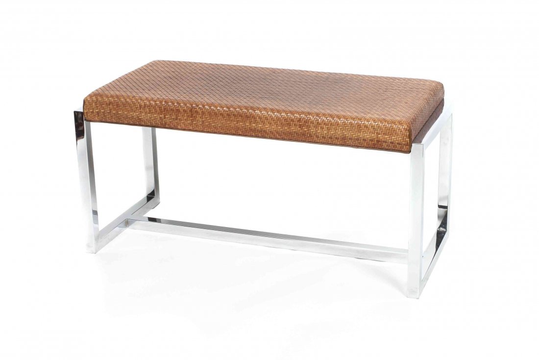 A Woven Leather and Polished Chrome Bench, Ralph: A Woven Leather and Polished Chrome Bench, Ralph Lauren, the rectangular upholstered seat, in a herringbone pattern, mounted to wide square chrome supports. Height 20 1/2 x width 42 x depth 18 1/4 inc