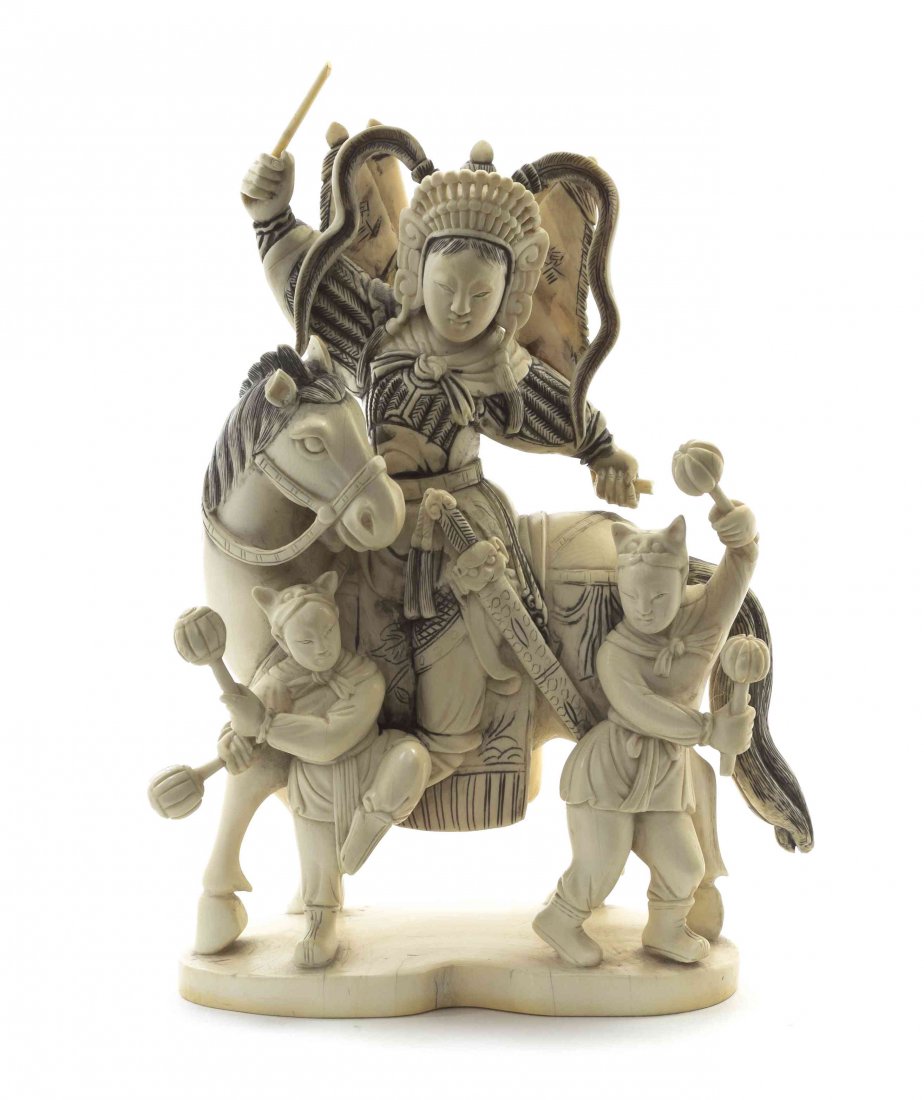 A Chinese Carved Ivory Figural Group, Height 7 5/8: A Chinese Carved Ivory Figural Group, depicting a warrior in elaborate armor astride a horse, with two smaller figures below, raised on a shaped base. Height 7 5/8 inches.