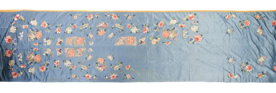 A Large Chinese Embroidered Silk Panel, Height 141 3/4: A Large Chinese Embroidered Silk Panel, depicting flowers and Buddhist emblems. Height 141 3/4 inches.