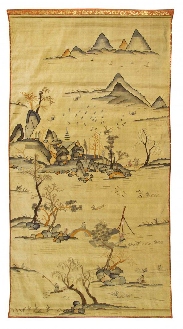 A Kesi Panel, Height 33 1/2 inches.: A Kesi Panel, of rectangular form and of vertical format depicting figures traveling through a mountainous landscape with trees and houses. Height 33 1/2 inches.