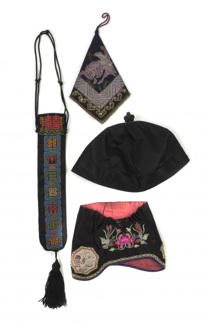 A Group of Chinese Embroidered Articles, Height of: A Group of Chinese Embroidered Articles, comprising a handkerchief holder, two hats and a fan case, having varying decoration. Height of first 8 inches.