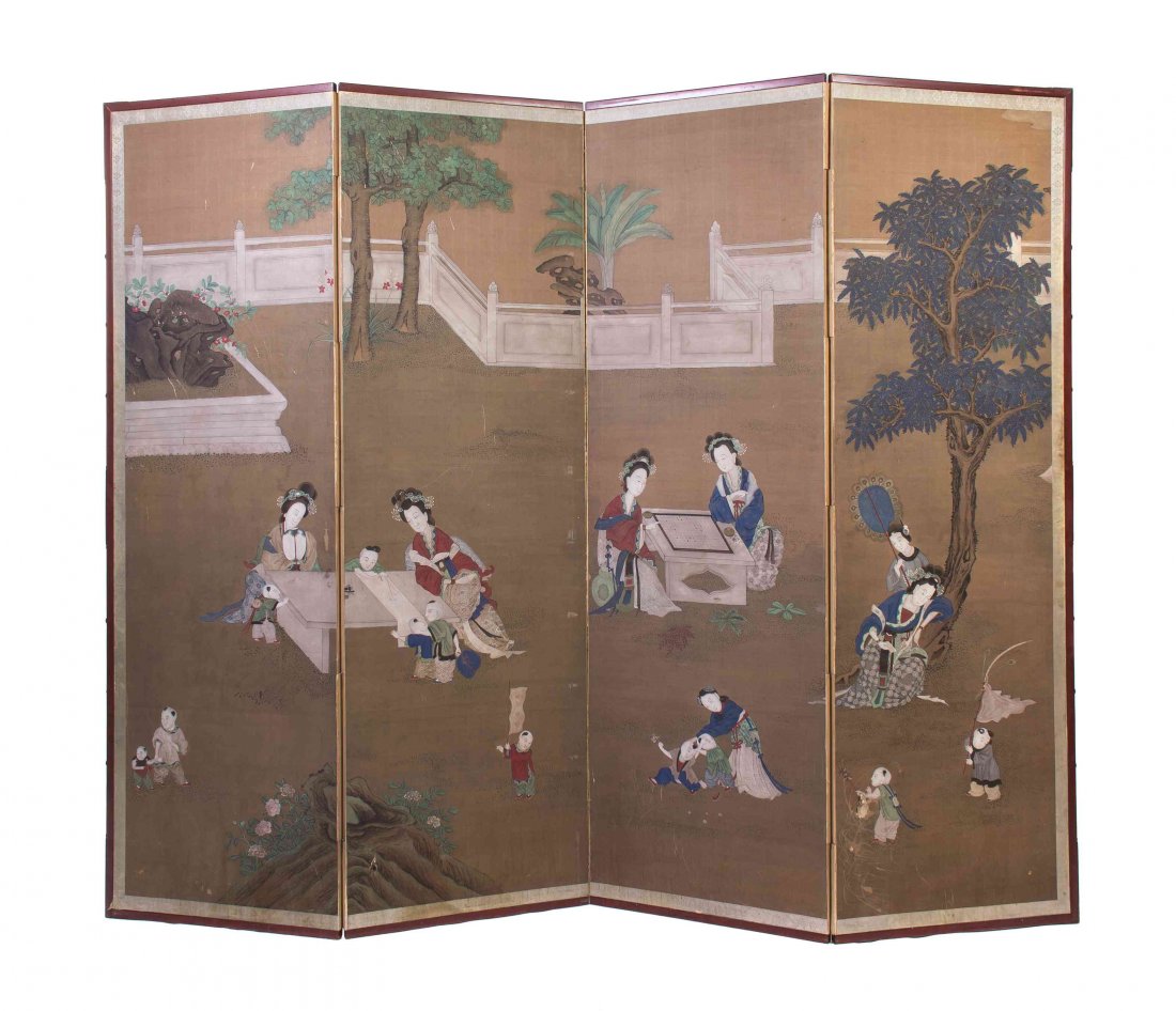A Chinese Four-Panel Floor Screen, Height 70 3/4 x: A Chinese Four-Panel Floor Screen, likely 18th century, ink and color on silk, depicting five court ladies at various pursuits in a courtyard garden with children and attendants, the courtyard garden 