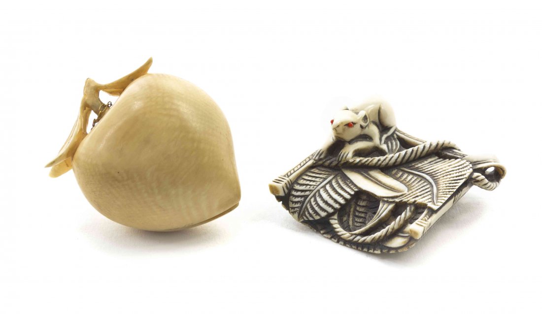 Two Carved Ivory Netsuke, Width of wider 1 5/8 inches.: Two Carved Ivory Netsuke, one a peach-form box with a shunga scene inside, the other depicting a rat with inlaid eyes on a bed of leaves and a basket. Width of wider 1 5/8 inches.