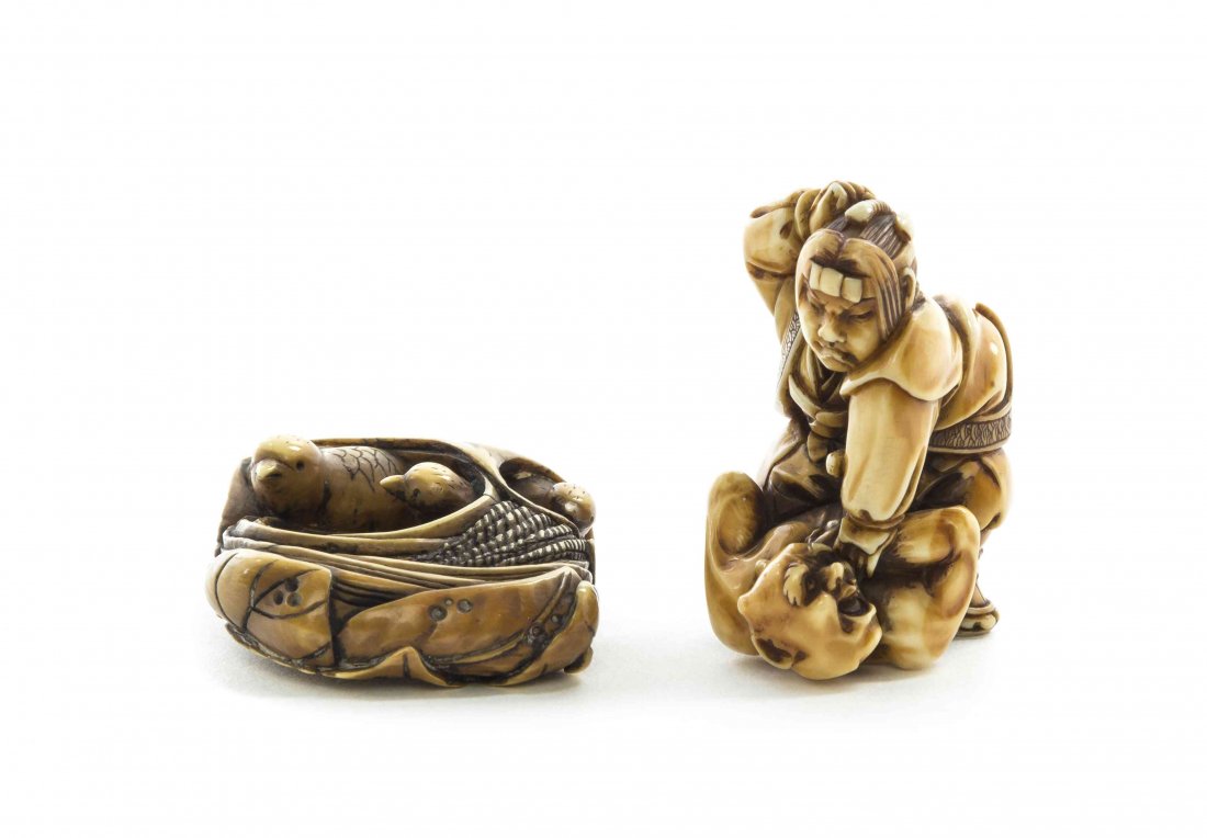 Two Japanese Carved Ivory Netsuke, Width of wider 1 5/8: Two Japanese Carved Ivory Netsuke, one depicting birds in a nest, another depicting a man and oni. Width of wider 1 5/8 inches. Property of a Gentleman, Wisconsin Property of a Midwest Collector