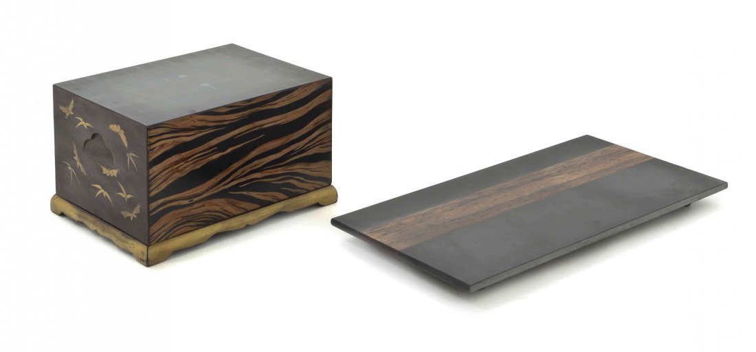 A Japanese Lacquer Box, Width of tray 12 inches.: A Japanese Lacquer Box, of rectangular form, having tiger stripe and butterfly decorated cover over three stacking compartments with nashiji decoration, together with a Japanese metal tray having wood