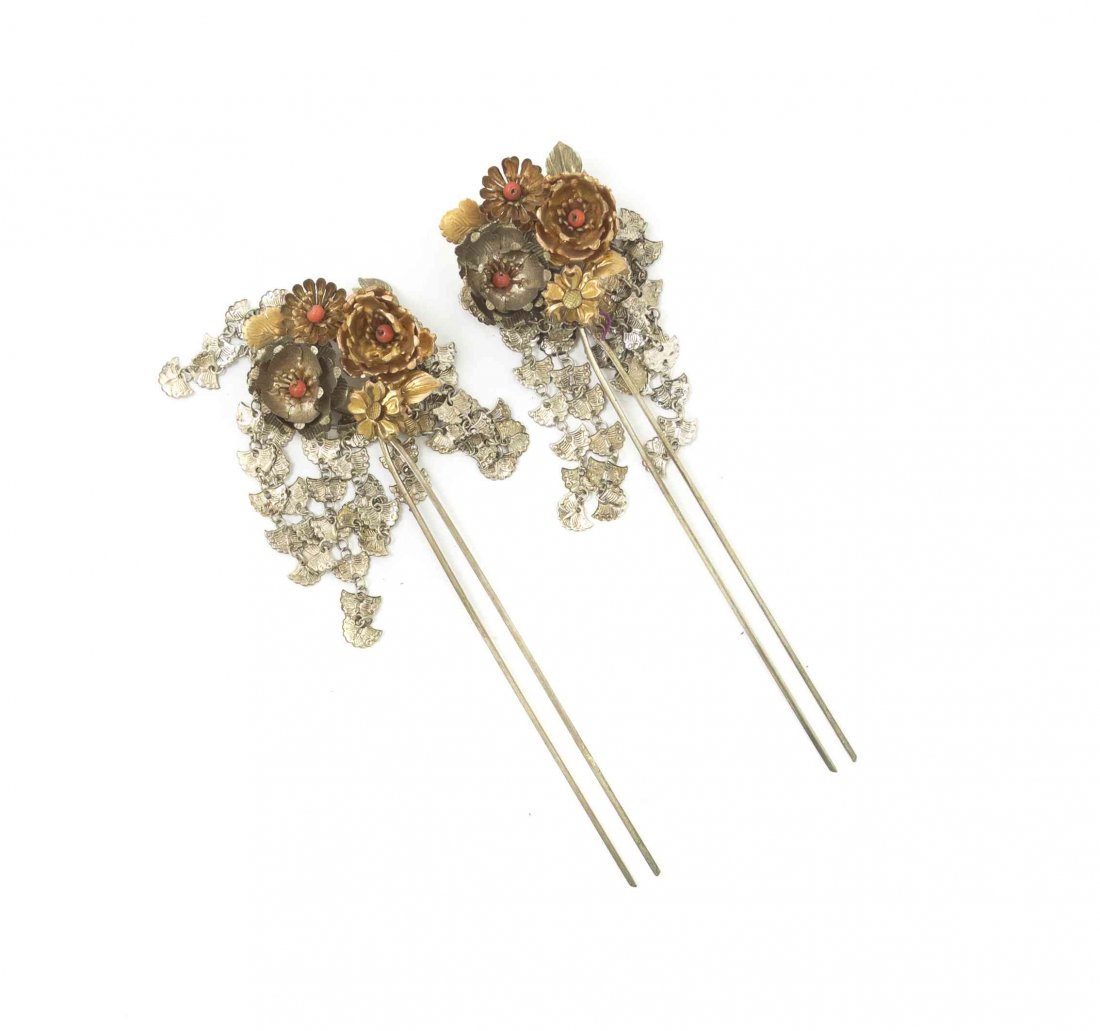 A Pair of Japanese Metal Hairpins, Length 6 5/8 inches.: A Pair of Japanese Metal Hairpins, having coral bead accents and gilt wash decoration. Length 6 5/8 inches. Property from the Collection of Gertrude Mandelstam Spear, Boston, Massachusetts
