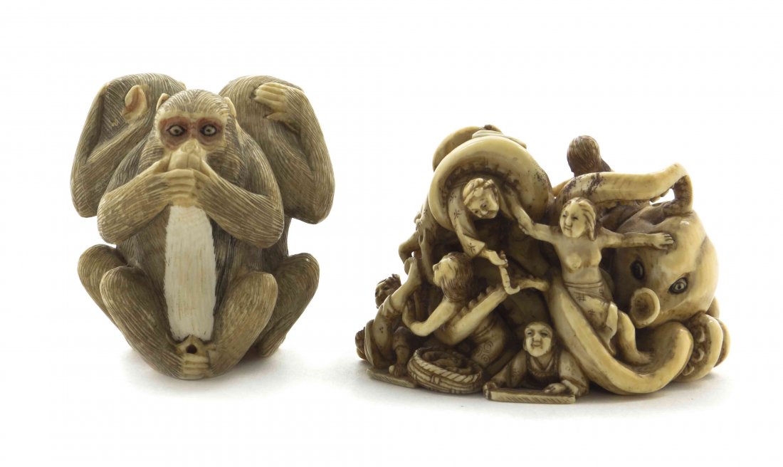Two Japanese Carved Ivory Articles, Height of taller 1: Two Japanese Carved Ivory Articles, the first a figural group of monkeys the second a netsuke depicting an octopus. Height of taller 1 3/4 inches.